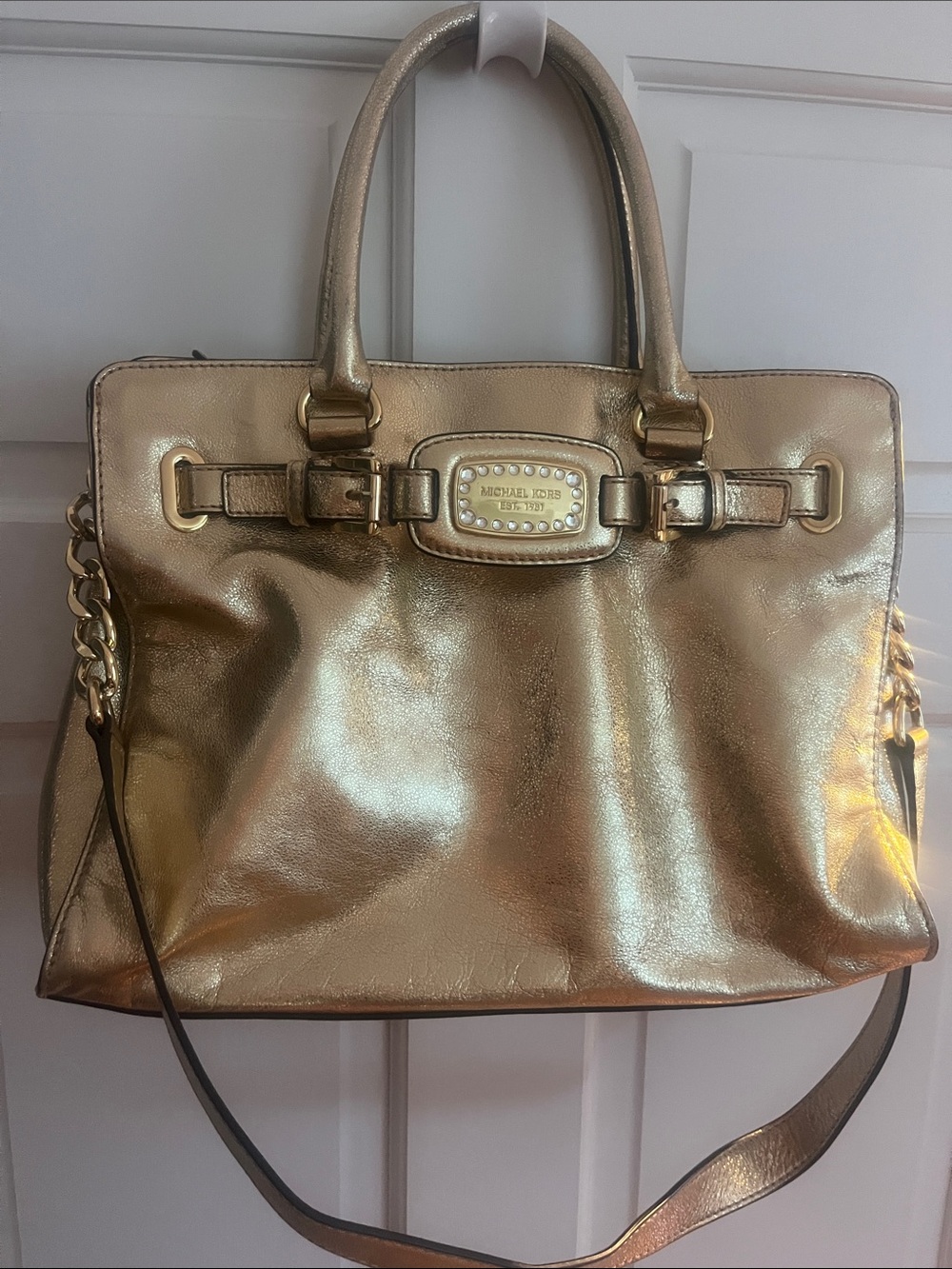 Michael Kors Metallic Gold Leather Tote with Chain-Detail Strap